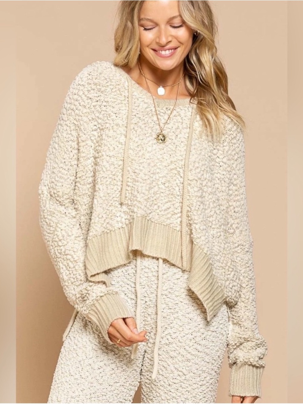 POL Cream Popcorn-Knit Hooded Sweater Oversized Medium Missing string